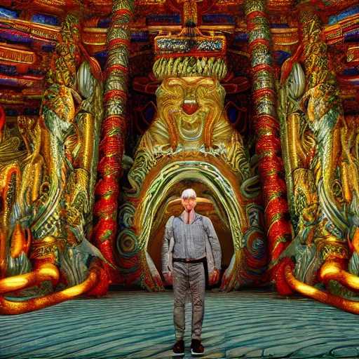 Image similar to !dream Photorealistic man standing inside a temple made of snakes. Hyperdetailed photorealism, 108 megapixels, amazing depth, glowing rich colors, powerful imagery, psychedelic Overtones