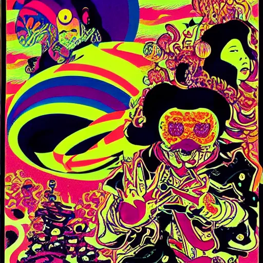 Image similar to Japanese psychedelic poster art for a concert featuring a band named “OMNISCURO”,