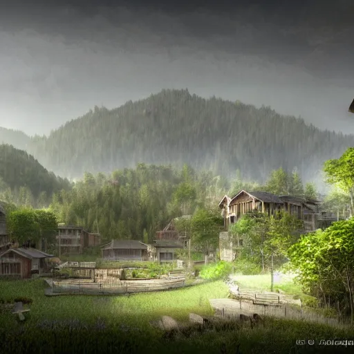 Prompt: ecovillage 🏢designed by olson kundig, day time, grand mountains and forest in the distance, farm and gardens, streams, white mist, sun in the sky, Cinematic, environment concept art, ethereal, ultra detailed, unreal engine style, cinematic light, trending in artstation, highly detailed, epic scene