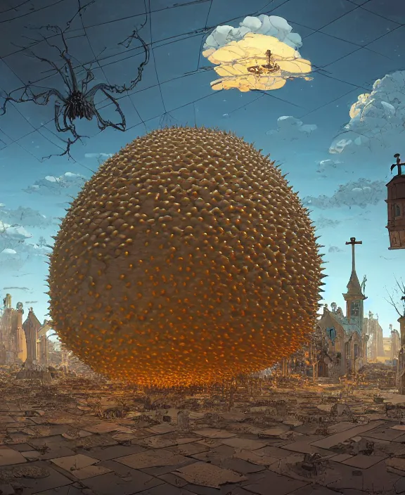 Image similar to inflated church made from obese urchin spider mollusks, in the style of a puffy spaceship, skeletons, partly cloudy, spooky, dramatic lighting, by geof darrow, bill sienkiewicz, dan mumford, yusuke murata, makoto shinkai, ross tran, cinematic, unreal engine, cel shaded, featured on artstation, pixiv