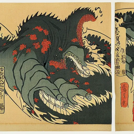 Image similar to repressed monsters and yokai of the imagination break free in a fiery revolution, by Hokusai