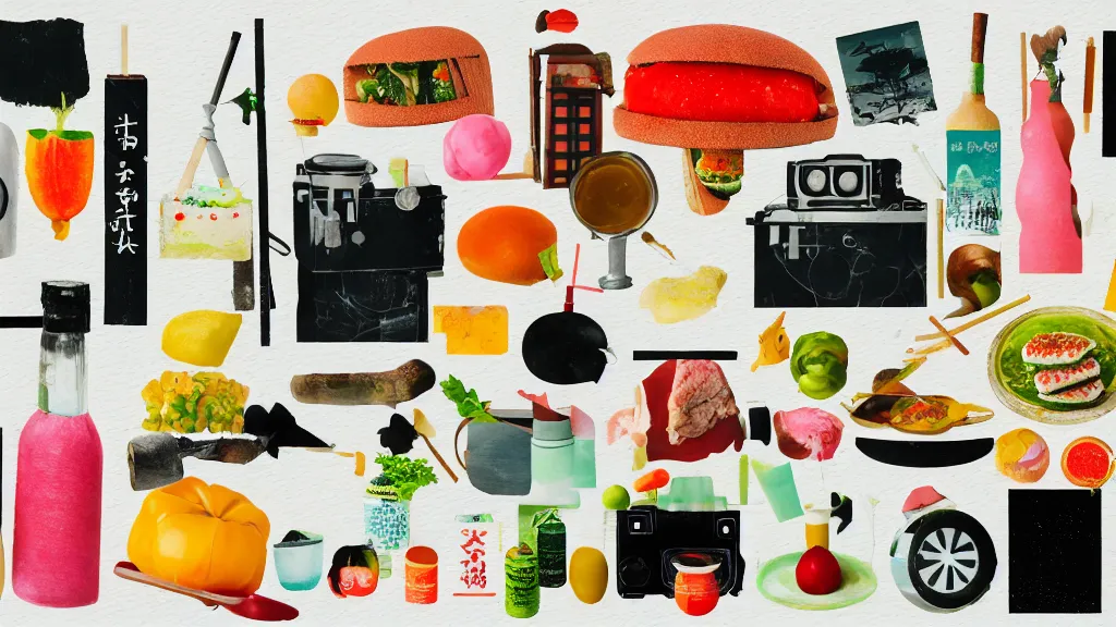 Image similar to an arrangement of foodie traveller props, japan, a collage painting, in the style of wes anderson, lola dupre, david hockney, isolated on negative white space background dark monochrome neon spraypaint accents volumetric octane render