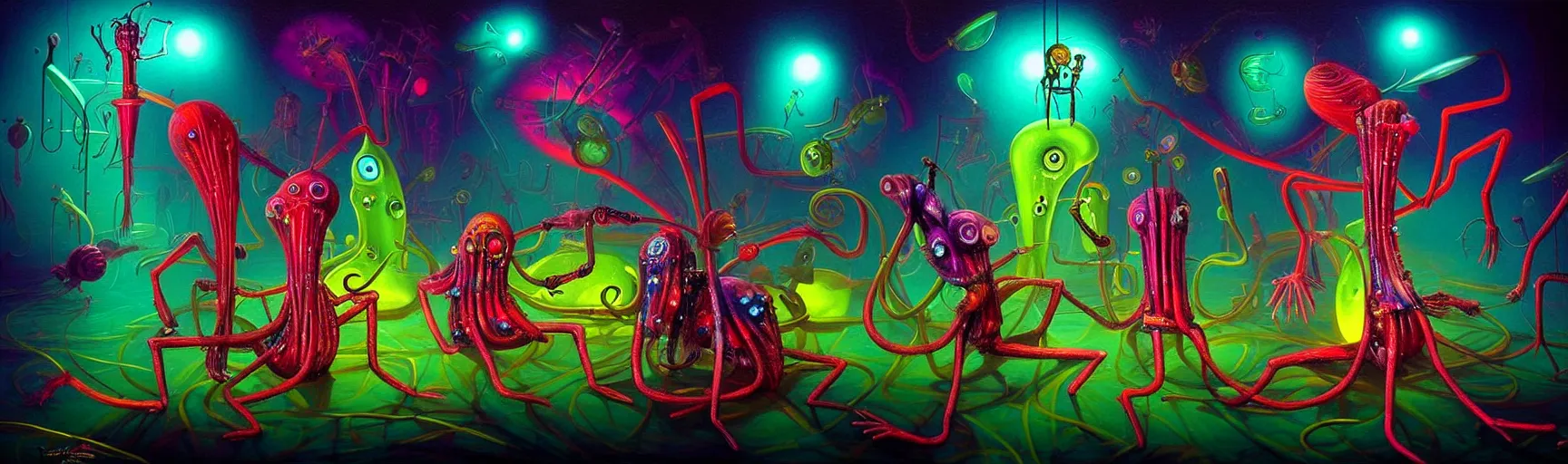 Image similar to strange plankton creatures from the depths of the collective unconscious, dramatic lighting, surreal darkly colorful painting by ronny khalil