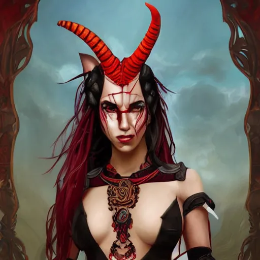 Image similar to portrait of a female berber tiefling with red skin, devil horns and black hair in a ponytail wearing a steel chestplate in a desert, fantasy, highly detailed, digital painting, artstation, concept art, character art, art by artgerm and tyler jacobson and alphonse mucha