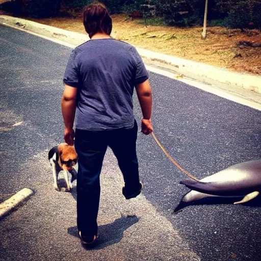 Prompt: “A photo of a man walking a whale on a leash like a dog”