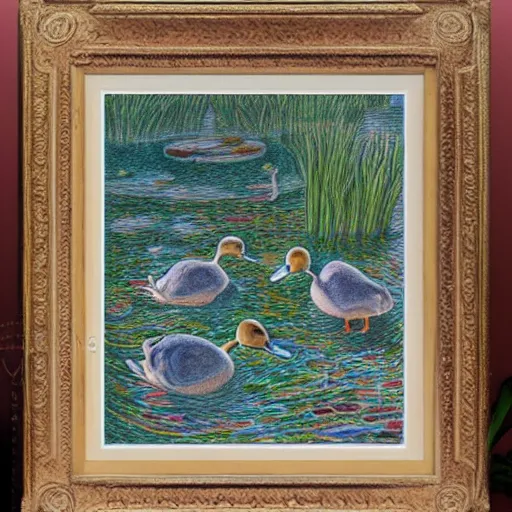 Image similar to Colored pencil art on paper, Ducks swimming in pond, highly detailed, artstation, MasterPiece, Award-Winning, Caran d'Ache Luminance