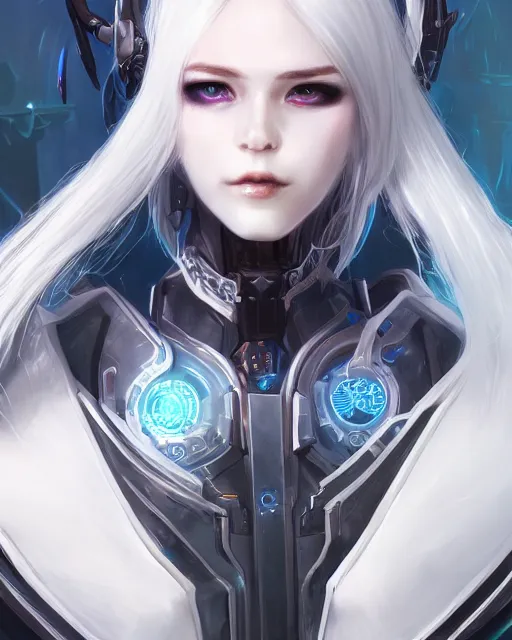 Image similar to holy cyborg necromancer girl, elegant, perfect face, scifi, futuristic, utopia, garden, illustration, atmosphere, warframe, blue eyes, white hair, focused, artstation, nier automata, highly detailed, art by yuhong ding and chengwei pan and serafleur and ina wong