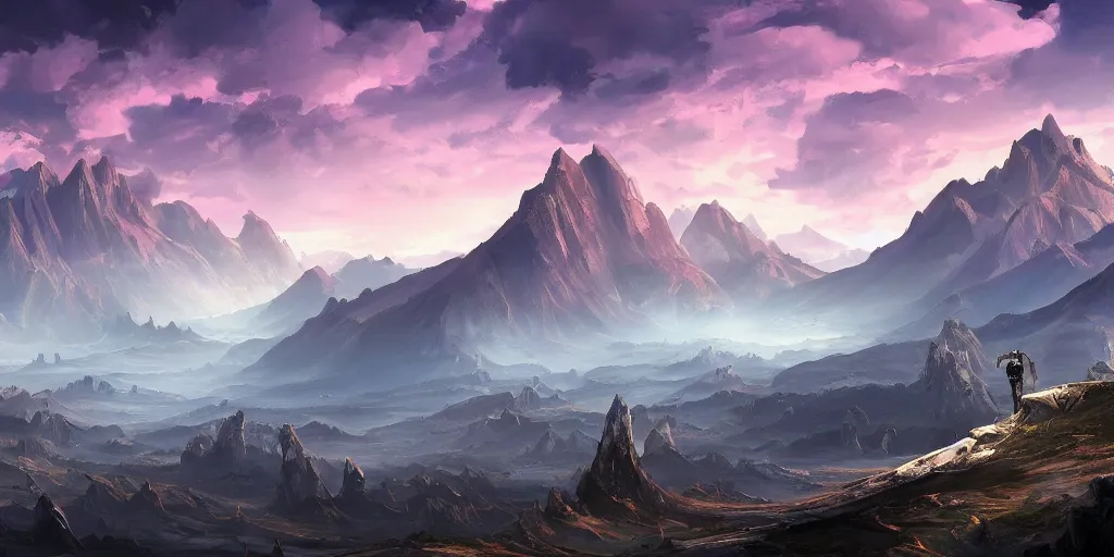 Image similar to The sci-fi landscape with mountains in the background, Sci-Fi fantasy desktop wallpaper, painted, 4k, high detail, sharp focus, wide angle, cinematic composition