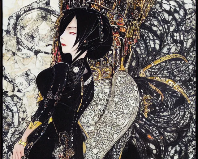 Prompt: an illustration of a queen wearing a beautiful black dress on a stone throne by yoshitaka amano, by katsuhiro otomo realistic, detailed, oil painting