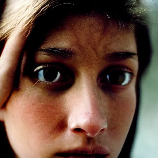 Image similar to a candid extreme closeup portrait of an expressive face of a focused young woman by annie leibovitz