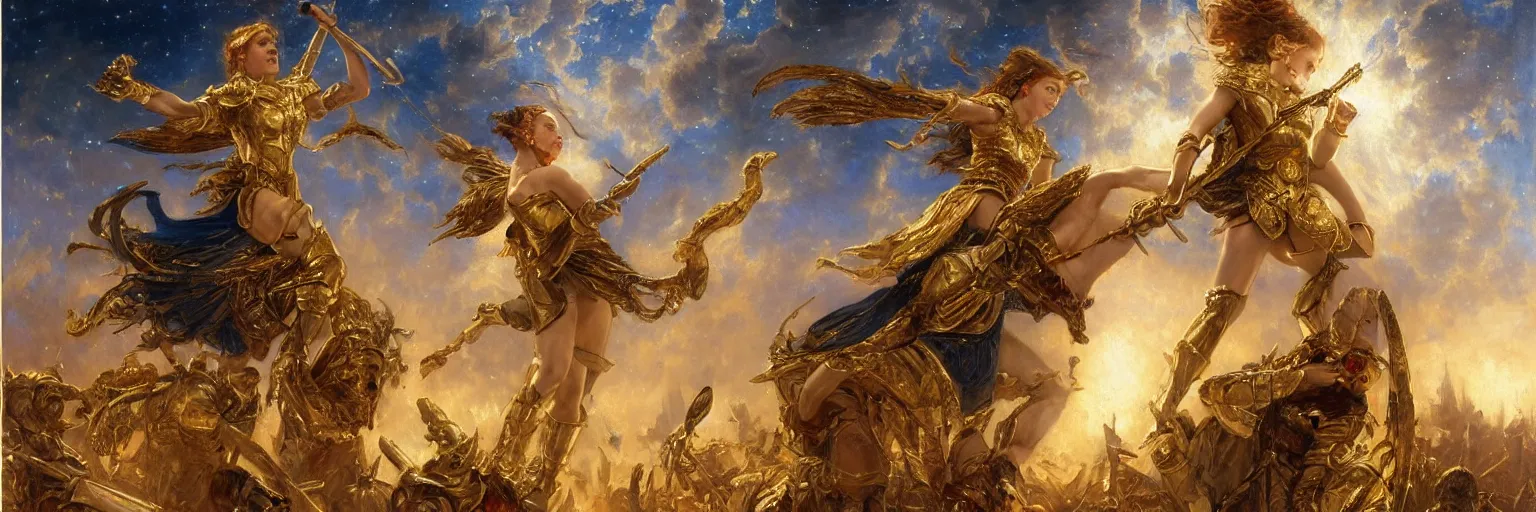 Image similar to a young girl wearing a gold armor in the night sky fighting angels, golden light in the darkness, blood, battlefield, extremely realistic and highly detailed painting by gaston bussiere and j. c. leyendecker 8 k