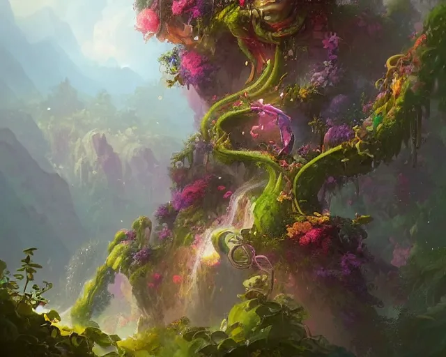Prompt: An overgrown tall cliff full of vines, big colorful flowers, lush, magical atmosphere, by Peter Mohrbacher, digital art, trending on Artstation
