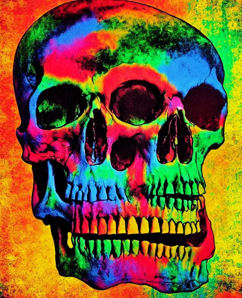 Prompt: a rainbow skull thinking of a creative idea to make art with, 3 d hd andy warhol vintage style, brutalist primitivism expressionism, texture emotion memento mori we all die, posterized, miniature effect diorama, 3 5 mm grainy film