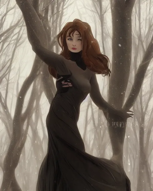 Prompt: elsa portrait, winter, somber, sad, black dress, low light, foggy at dawn, sunlight visible through tree leaves, misty, magic, atmospheric art by artgerm and greg rutkowski and alphonse mucha and by artgerm, by studio muti, greg rutkowski makoto shinkai takashi takeuchi,