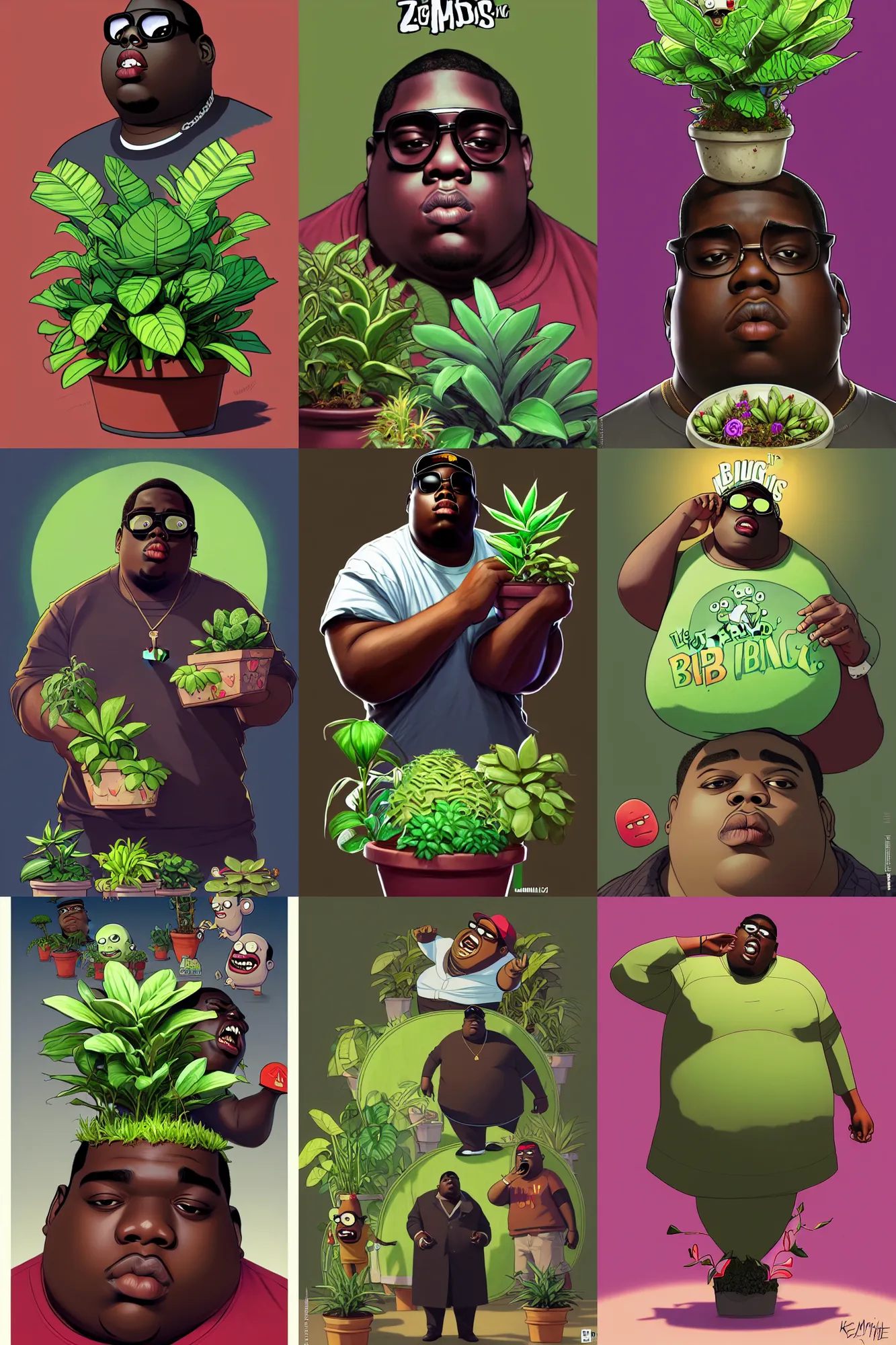Prompt: the notorious b. i. g. as a potted plant with plants versus zombies a animation pixar style, shaded lighting poster by magali villeneuve, artgerm, jeremy lipkin and michael garmash, rob rey and kentaro miura style, trending on art station