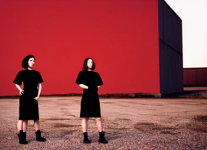 Image similar to cinestill 5 0 d closeup photographic portrait of two clones in front of a brutalist metal building, techwear women, on a desolate plain, red sky, black oversized clothes, depth of field, 4 k, 8 k, hd, full color