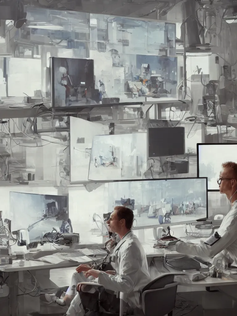 Image similar to a portrait of a researcher in a white coat in front of many computer and screens in a painting from stalenhag, 4 k, 8 k, hdr, artstation