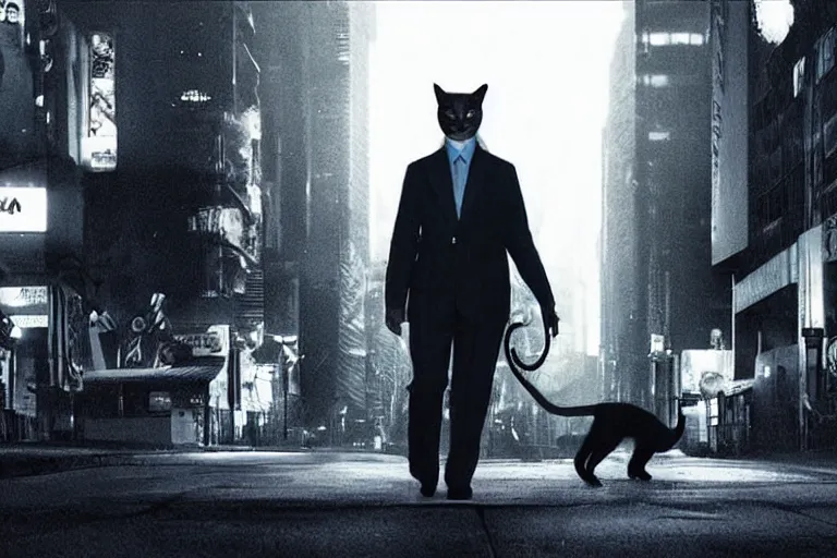 Image similar to film still of a genetically modified anthropomorphic humanoid cat - detective. neo - noir. directed by ridley scott.