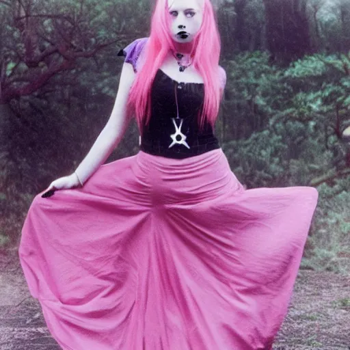 Prompt: a 3 5 mm photography, kodachrome color of a gothic instagram model, pink hair, blue iris!!!, long black skirt, pentagram pendant