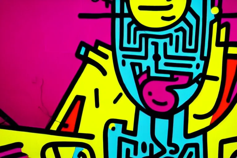 Image similar to pop art of a giant cyberpunk god walking in a city, bright neon colors, intricate details, complementary colors, detailed face, backlighting, octane render, depth of field, extremely detailed, trending in artstation, focus on face, sharp focus, radiant light, beautiful composition, drawn by roy lichtenstein, keith haring, romero britto