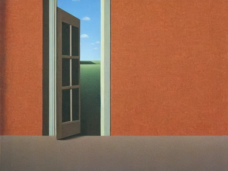 Image similar to an open window to nothingness in brick wall with open doors with endless hallway inside, painting by rene magritte, centered, high detail, high resolution