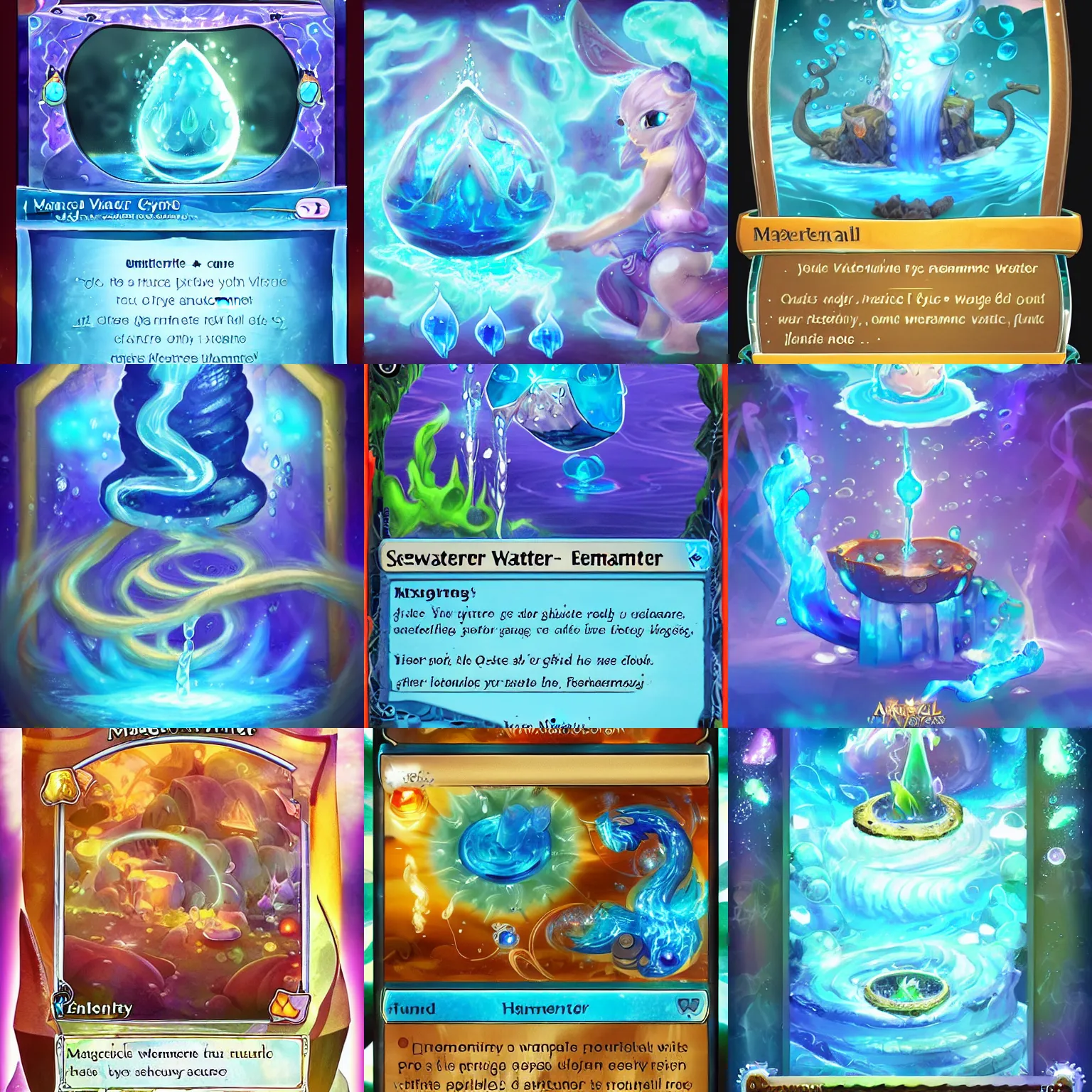 Prompt: magical water elementie of water releases magical fluid vibes, by axie infinity card style, concept art