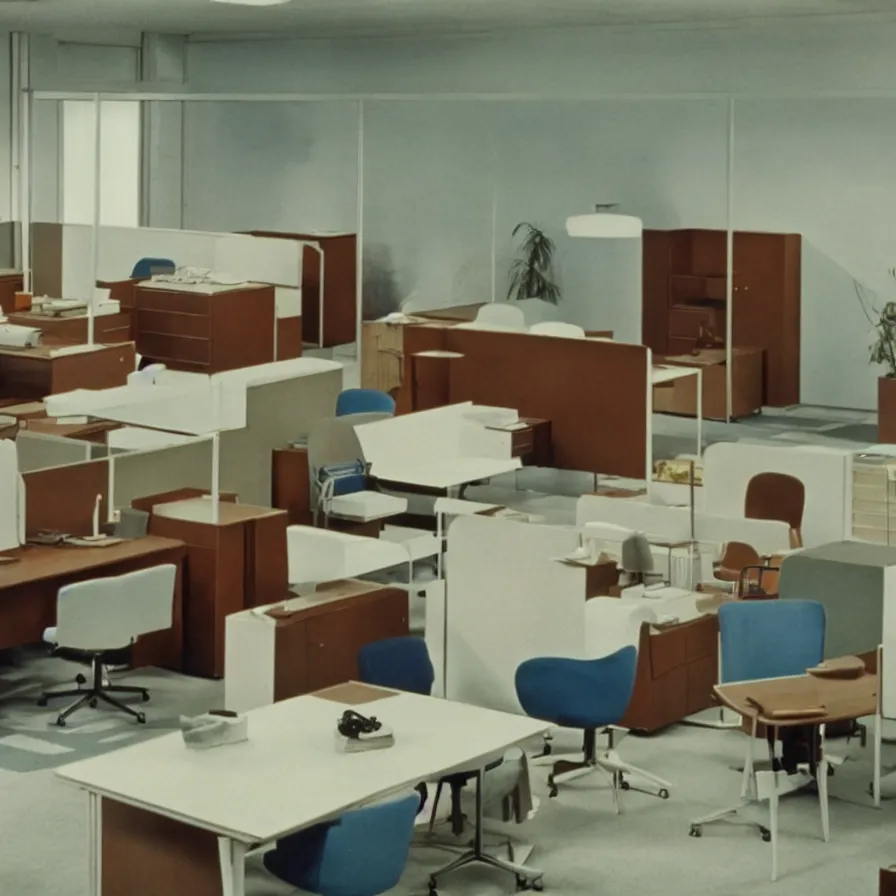 Image similar to a still of severance series indoor 7 0 s furniture office scenario appearing in a film of jacques tati