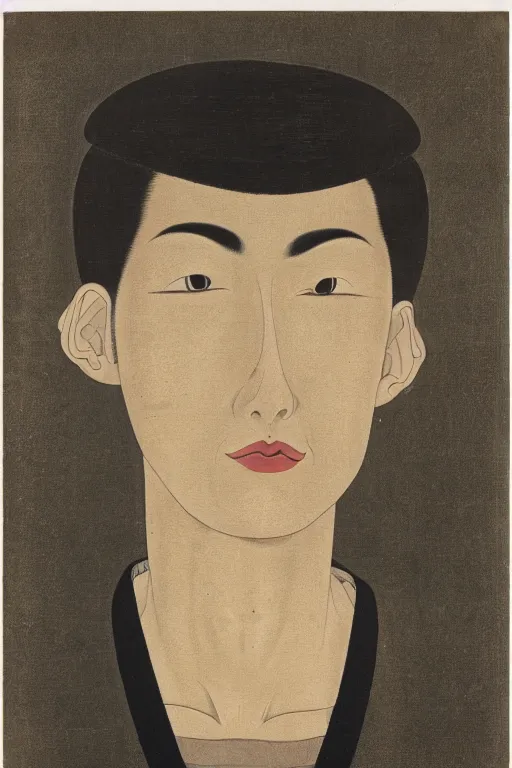 Image similar to portrait of young man wearing black medical mask, style of tsuguharu foujita