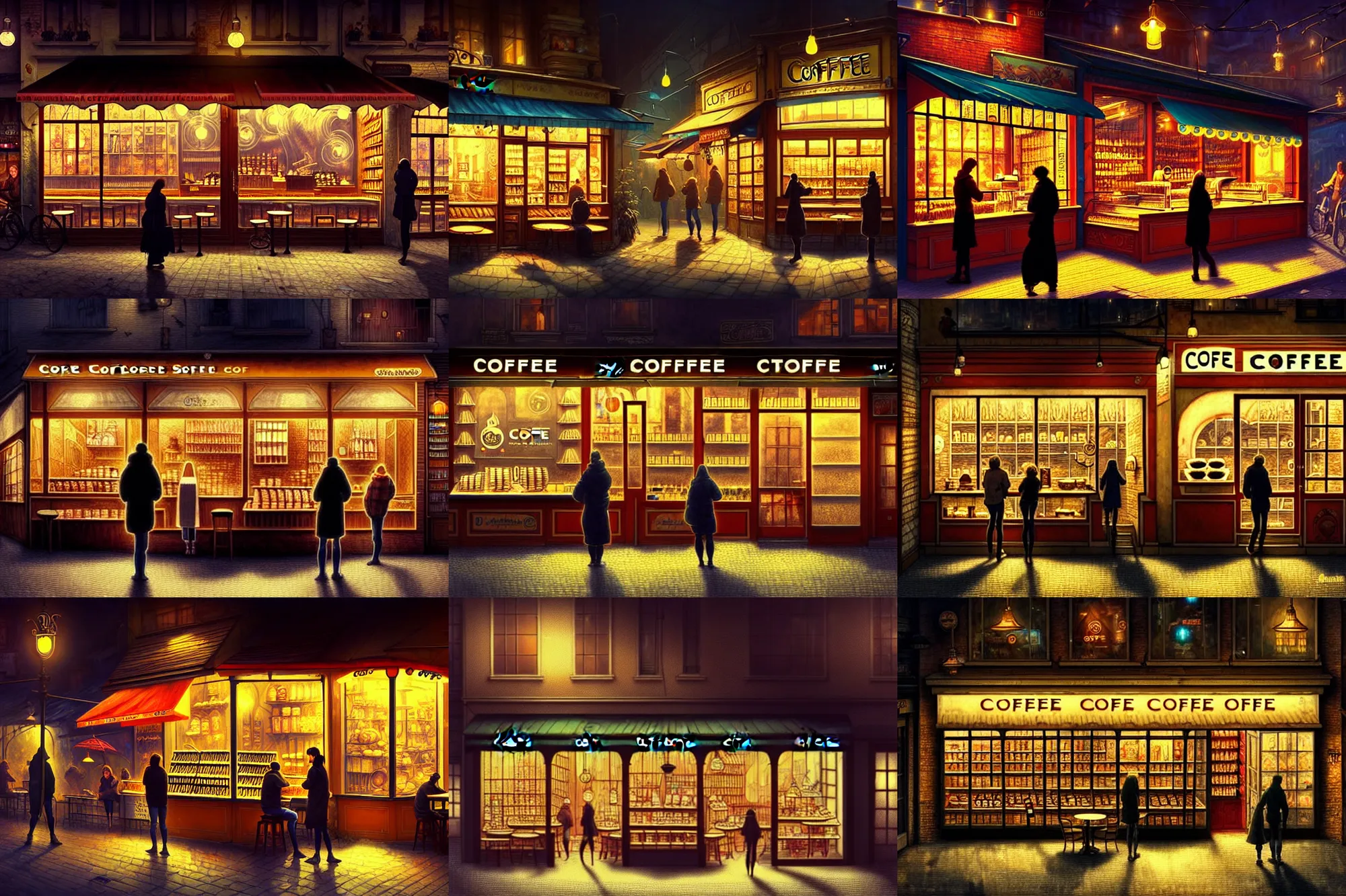 Image similar to a coffee shop store in The City of Ukraine at night with a few customers, extreme plus resolution fantasy concept art, intricate details to everything visible, sharp lighting, Dramatic light by denis villeneuve, strong emphasis on alphonse mucha, Makoto Shinkai