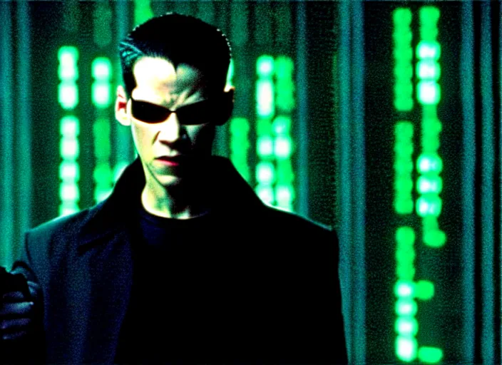 Image similar to Movie still of Neo in The Matrix movie doing a thumb up to the camera in front on burning servers.