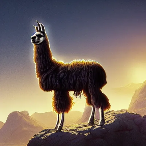 Image similar to A cinematic matte painting of a llama with dreadlocks, heroic pose, ultra realistic, ultra detailed, in the style of chriss foss