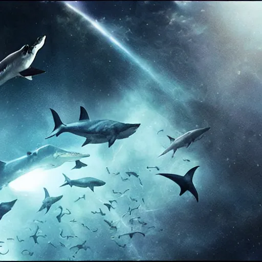 Prompt: Still from the movie Sharknado, in space with angry sharks floating on the left in front of the interstellar space filled with stars, ready to attack the planet earth on the right. Cinematic, technicolor, breathtaking.
