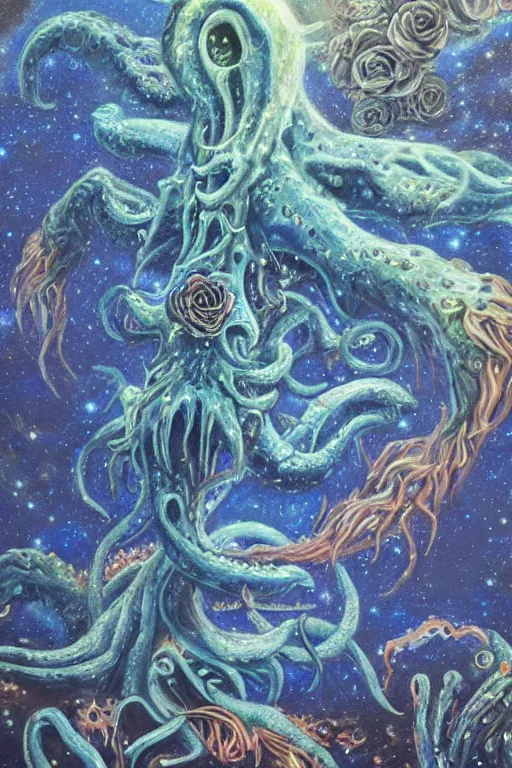 Image similar to oil painting, close-up, hight detailed, giant lovecraftian monster with flowers everywhere beneath night stars mixed with blue sky, in style of 80s sci-fi art, neodada