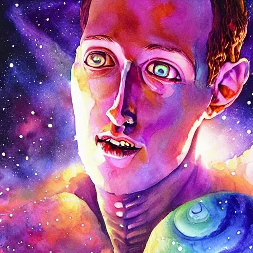 Image similar to alien extraterrestrial zuckerberg in space. watercolor. dramatic. amazing painting. formal. beautiful. high resolution. highly realistic. close - up. trending on artstation