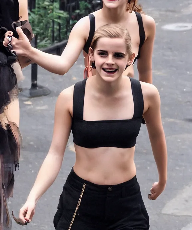 Prompt: Emma Watson, a wild hairstyle, smiling, bra and shorts streetwear, city street, fashion photography, her belly button is exposed