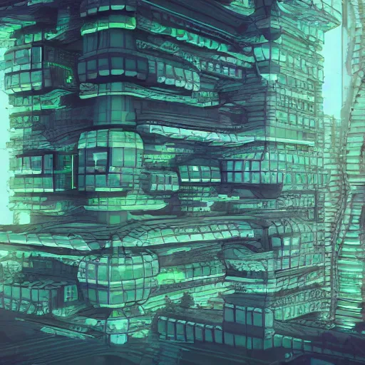 Prompt: an architectural section drawing of an organic cyberpunk building made of vivid organs