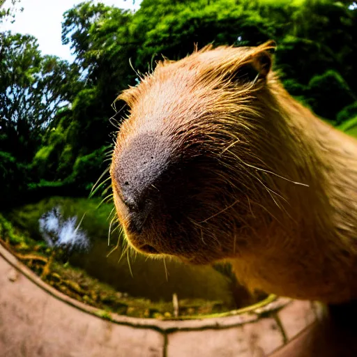 Prompt: capybara with it’s nose right into the camera, outdoors, ultra wide angle, fish eye photo