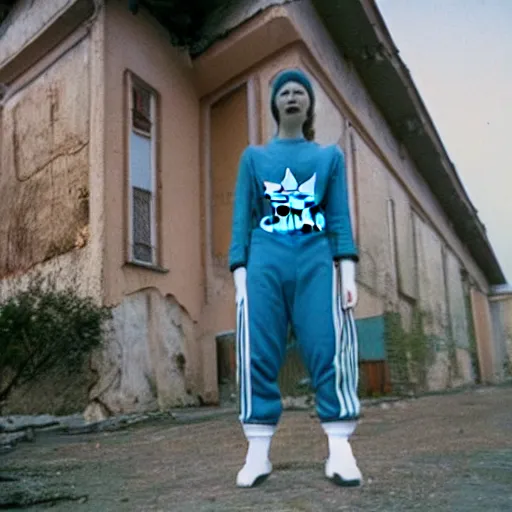 Prompt: alien squats dressed in adidas suit among soviet houses, top secret style, realistic photo, cinestill 8 0 0 t, 1 9 7 0 s, color