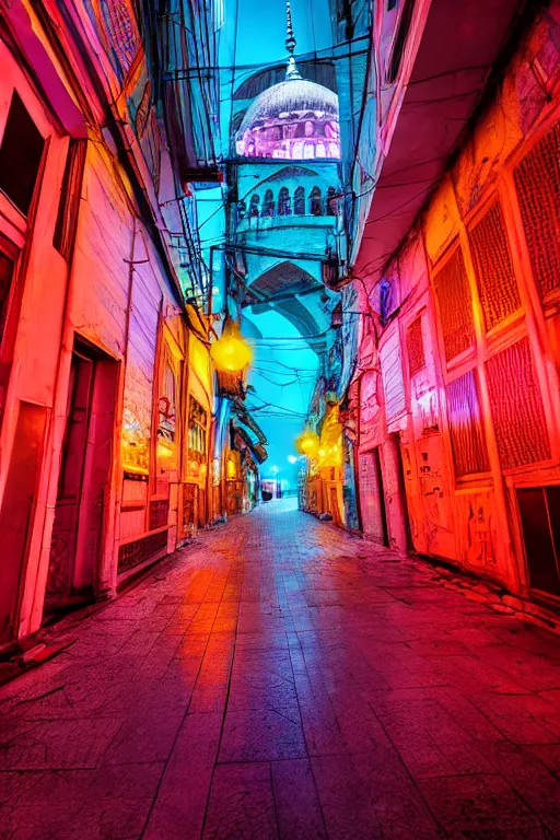 Image similar to neon streets of istanbul mosque, 4 k, award winning photo, cyberpunk style