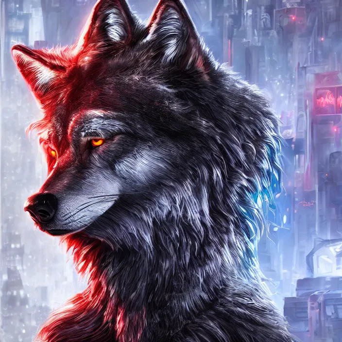 Prompt: portrait of male anthropomorphic dark gray wolf, long red hair, blue eyes, in a futuristic city, hyper detailed, digital art, trending in artstation, cinematic lighting, studio quality, smooth render, unreal engine 5 rendered, octane rendered, 1 : 1 aspect ratio
