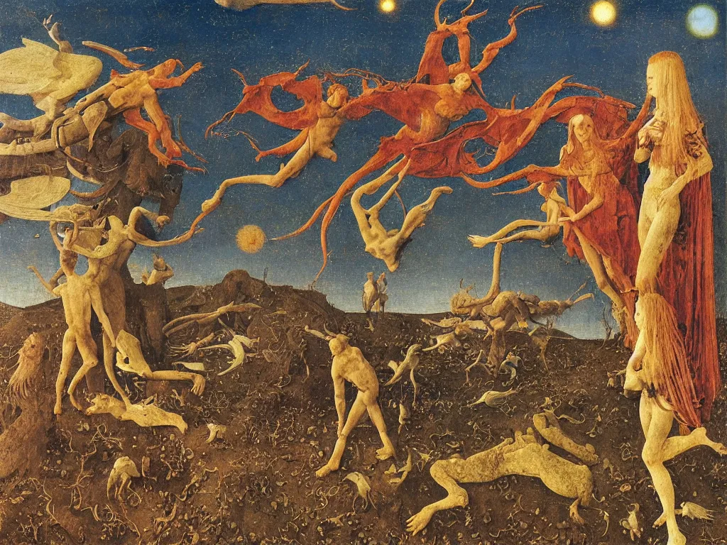 Prompt: the limitless plains of reptilian sorrow. Night of the star gazer. God trapped in the mud. Flock of birds. Painting by Jan van Eyck, Fra Filippo Lippi, Rene Magritte, Agnes Pelton, Max Ernst, Beksinski
