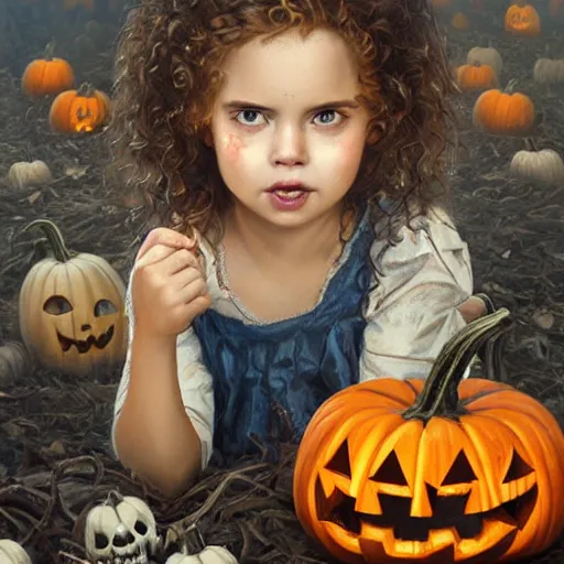 Image similar to a cute little girl with light brown wavy curly hair and blue eyes sitting amidst piles of skulls and pumpkins. beautiful cute highly detailed face. spooky halloween themed painting by artgerm and greg rutkowski and magali villanueve.