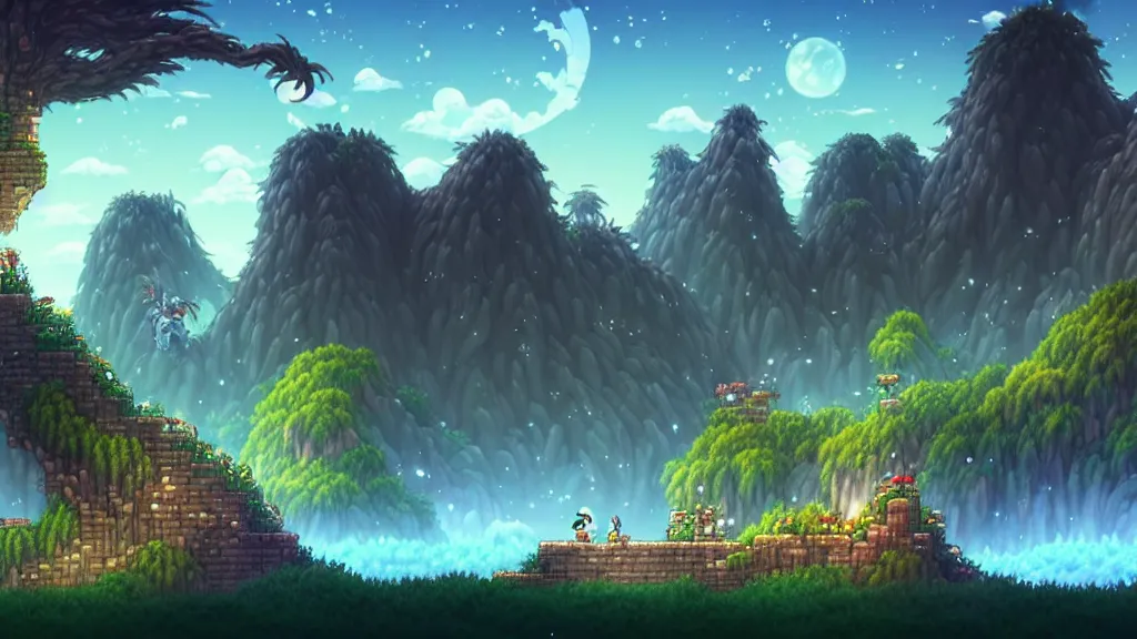 Prompt: side scrolling landscape sotn, studio ghibli, pixar and disney animation, sharp, rendered in unreal engine 5, highly detailed, digital painting, artstation, terraria, hollow knight, smooth, sharp focus, illustration, wide angle, wallpaper, splash art, promo art, dramatic lighting, art by artgerm and greg rutkowski and bo chen and jin xiaodi