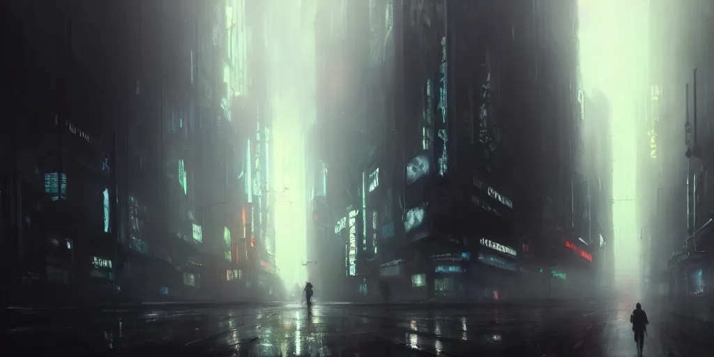 Image similar to beautiful painting by jeremy mann, cyberpunk street, still from blade runner movie, desaturated, oil painting, perfect composition, detailed octane render trending on artstation, misty, volumetric fog, ominous, unsettling, 8 k artistic photography, volumetric cinematic perfect light