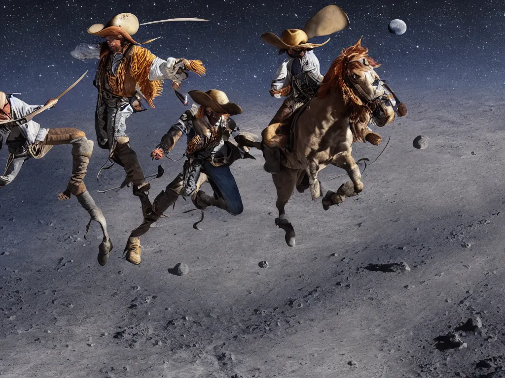 Prompt: cowboys and pirates fighting on the moon, cowboys have horses, pirates have cannons, High Definition detail, 8K, photograph