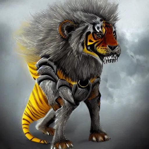 Image similar to !dream a humanoid tiger like creature with grey fur in full body armor, force fields on the armor, yellow eyes, and grey fur with teeth that protrude past their lower jaw holding rifles