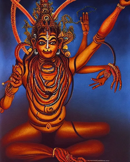 Prompt: One many-armed Shiva in dancing. Nataraja. Tandava. Nuclear explosion on the background. Dark colors, high detail, hyperrealism, horror art, masterpiece, close-up, biopunk, body-horror, ceremonial portrait, solo, rich deep colors, realistic, art by Yoshitaka Amano, Beksinski