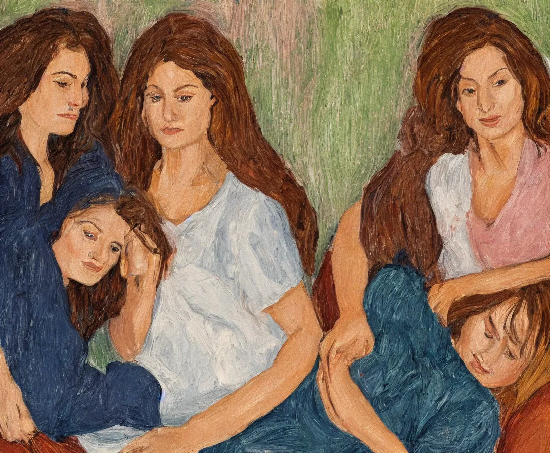 Image similar to close up portrait of pretty bella and esther with brown hair lying horizontal next to each other, in an old english apartment on a brown leather sofa. one is wearing a dark blue sweather, the other a white shirt. close up. in the style of lucien freud. oil painting. green light. thick colorful brush strokes. smiling