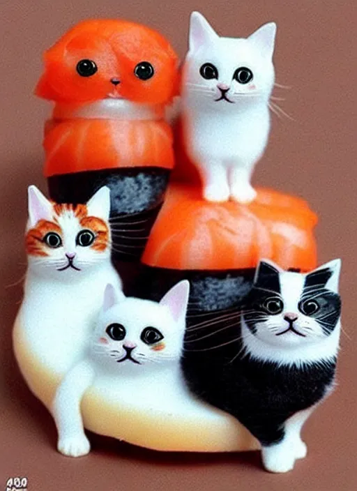 Image similar to clear photorealistic picture of adorable cats made out of sushi