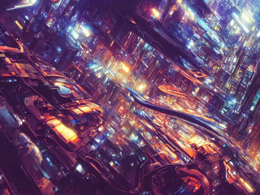 Prompt: hyperrealistic painting of a slice of life from a futuristic city, mechanical designs, high - tech, night, technological, cinematic, sharp focus, cyberpunk style, highly detailed, realism, digital painting, 8 k resolution, concept art, by noriyoshi ohrai, john berkey, moebius